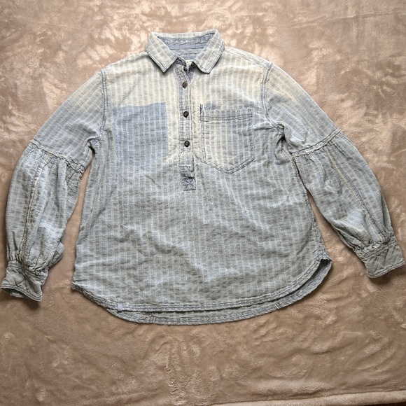We The Free Tops - Free People Glacier Bay Printed Checked Distressed Blue Denim Tunic‎ Small Boho